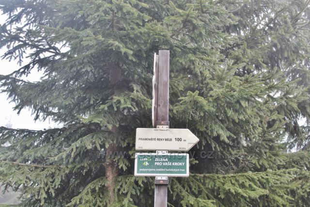 Sedloňov - směrovka z hřebenovky  na Vrchmezí k prameni řeky Bělé