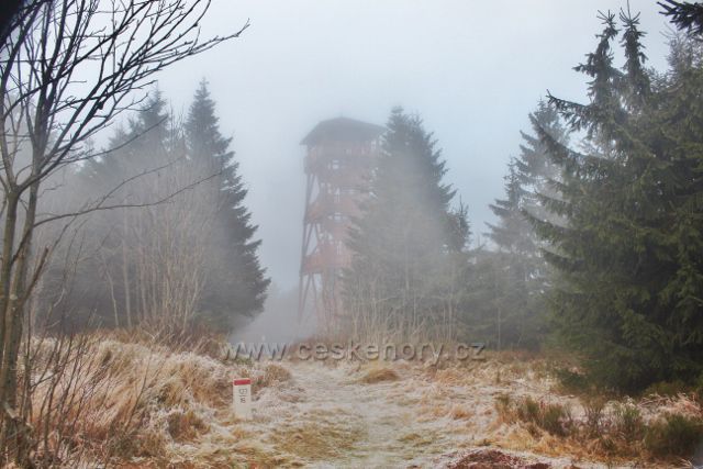 Olešnice v O.h. - pohled z Česko-polské státní hranice na polskou rozhlednu pod vrcholem Vrchmezí