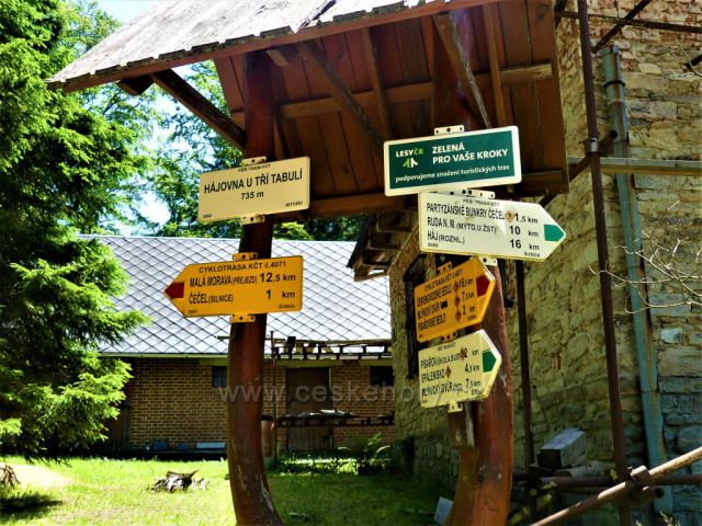 Turistický rozcestník před hájovnou U třech tabulí