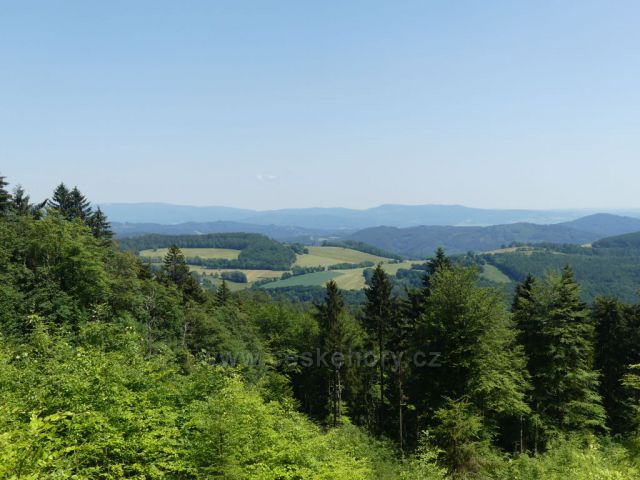 Pohled na Hanušovickou vrchovinu. V pozadí hřeben Jeseníků