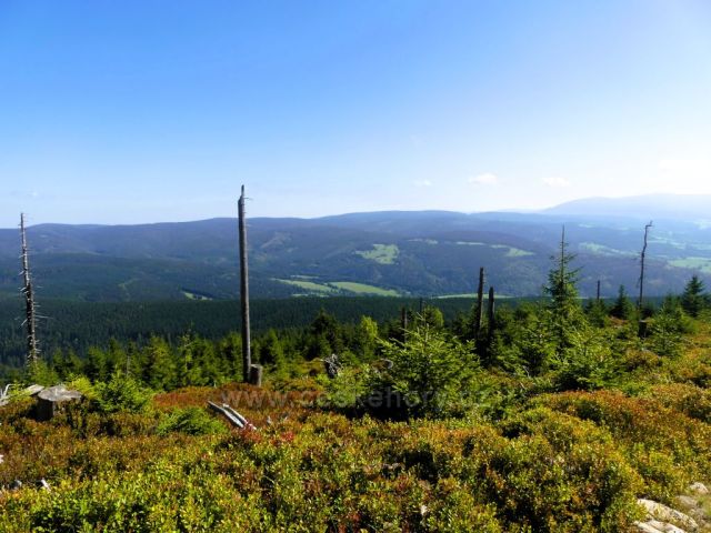 Pohled z úbočí Stříbrnické na Rychlebské hory a vpravo v pozadí Jeseníky.
